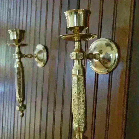 Pair-Lacquered Brass Torchiere Sconces - Picture 8 of 9